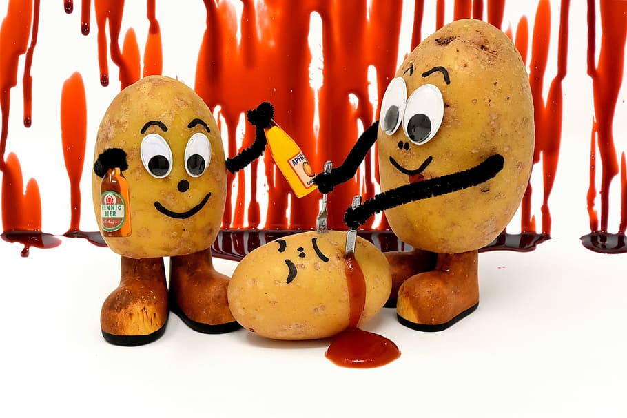 three, brown, potato characters illustration, cannibals, funny, potatoes, beer, beverages, celebrate, knife