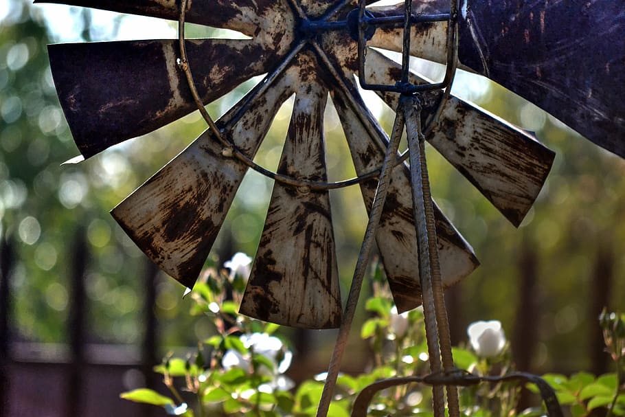 windmill, garden, rusted, decorative, hanging, day, focus on foreground, tree, outdoors, close-up