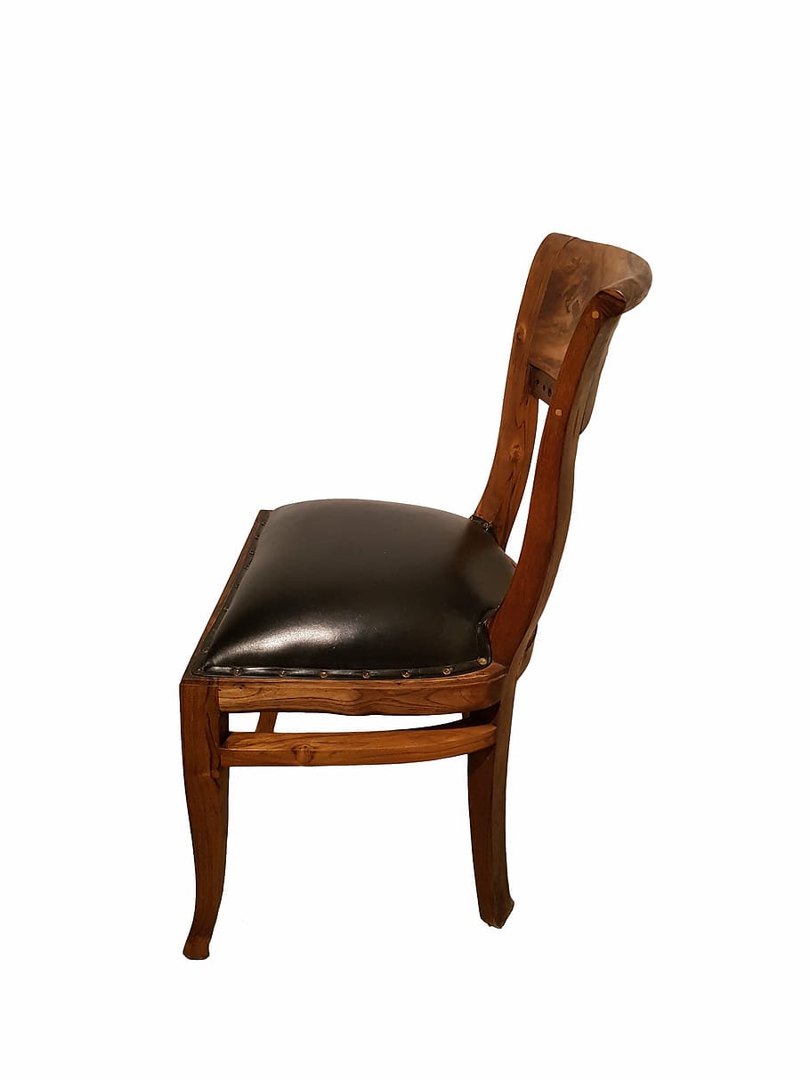 sillón, piel, colonial, teca, madera, Foto de estudio, fondo blanco, recorte, madera - material, silla
