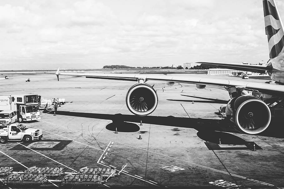 airplane wing, Airplane, Wing, Jet Engines, Airport, airplanes, bw, engines, flights, flying