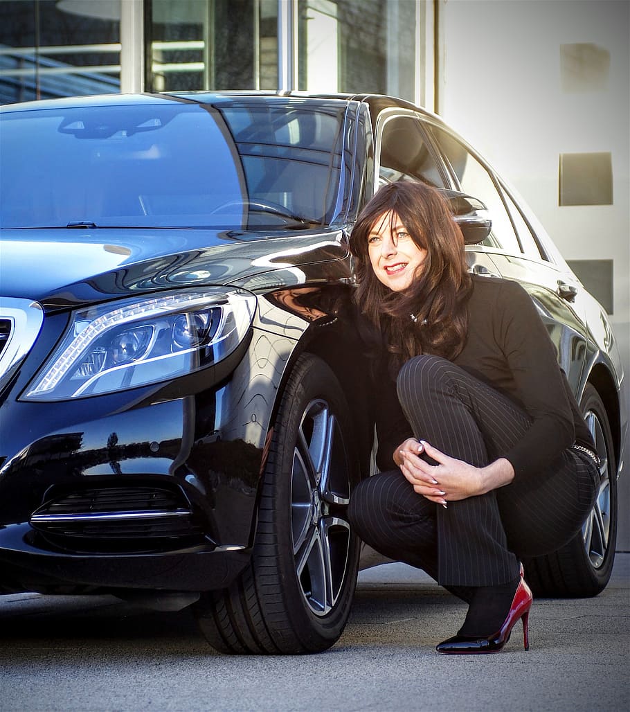 woman, crouching, black, car, daytime, businesswoman, mercedes, shiny, design, auto