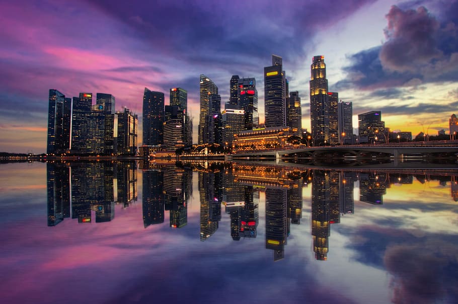 panoramic, photography, city, high-rise, buildings, singapore, marina bay, sunset, sunrise, architecture