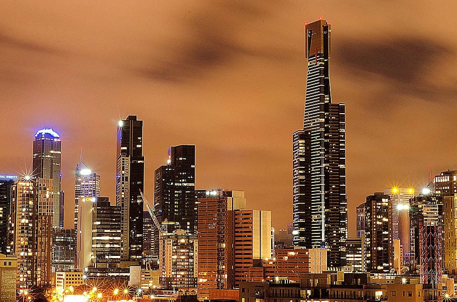 time-lapse photograph, city scrapers, Melbourne, Night, Landmark, Australia, buildings, skyscraper, illuminated, urban skyline