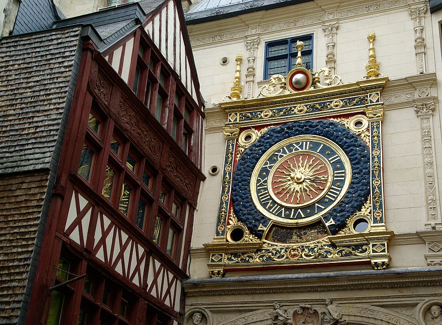 brown, blue, clock, building, rouen, normandy, dial, timbered house, architecture, built structure