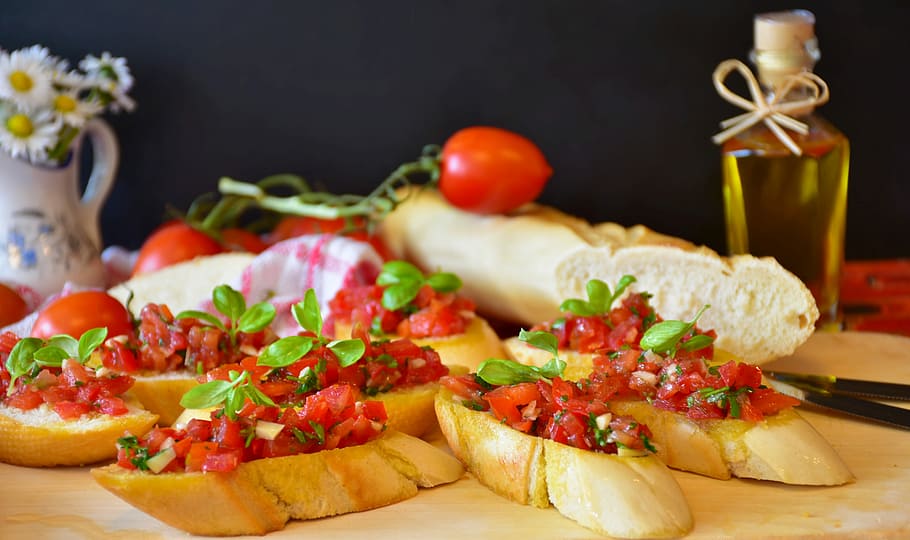 bruschetta, top, brown, wood board, bread, baguette, tomatoes, basil, olive oil, onion