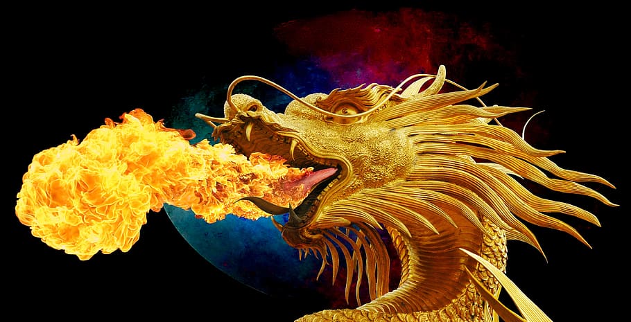 respiração de dragão de ouro, fogo 3, 3d, papel de parede, dragão amarelo, fogo, dragão, respiração de fogo, dragão dourado, broncefigur