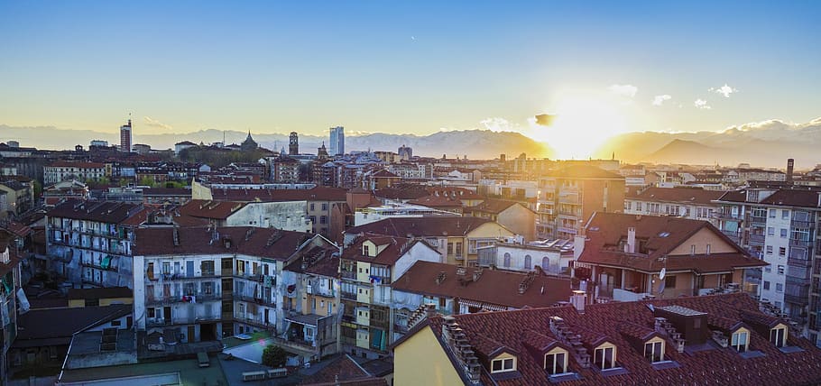 turin, view, sunset, abendstimmung, sky, italy, the sky, blue sky, mountains, summer