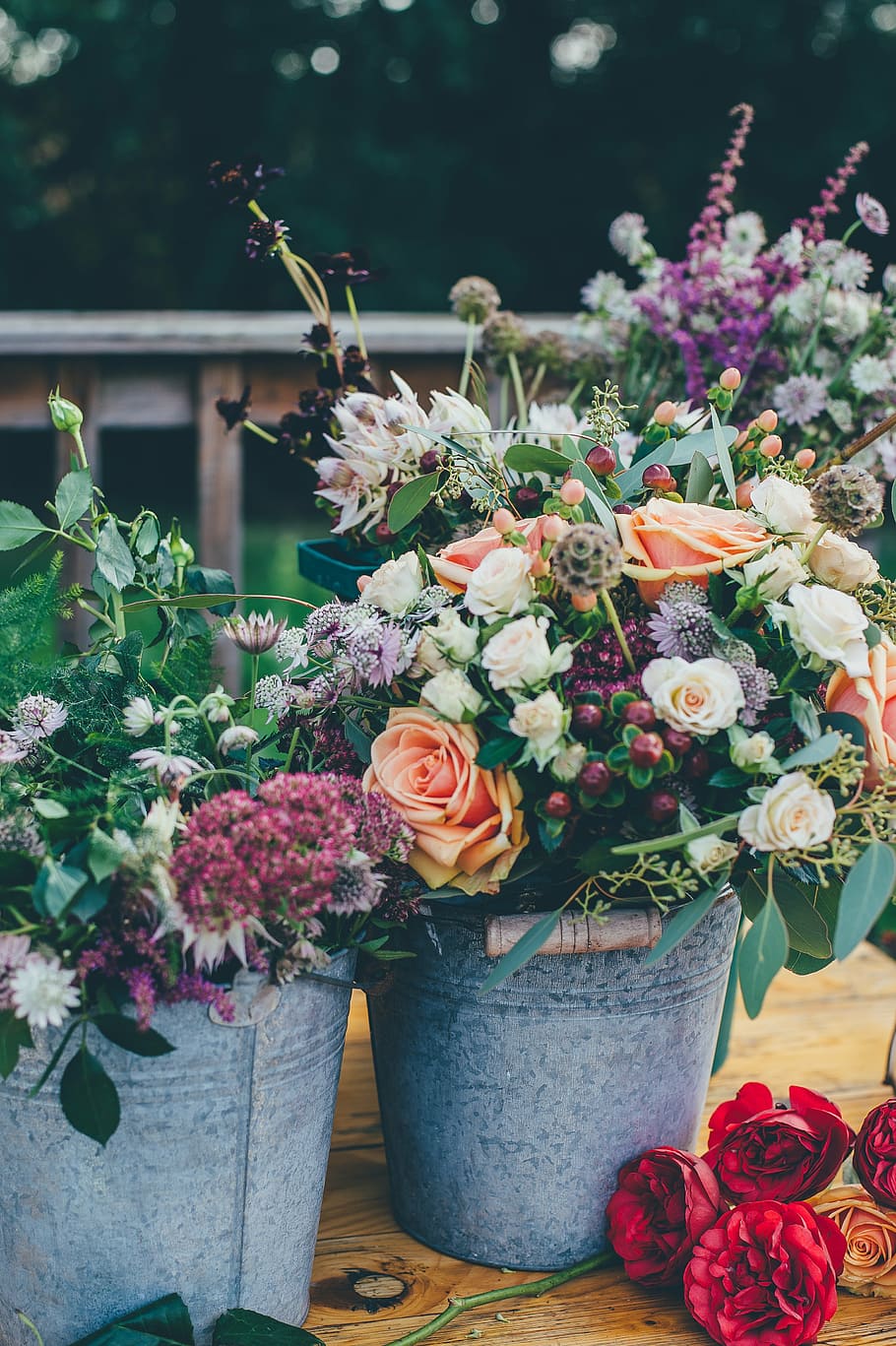assorted, flowers, grey, metal buckets, plants, flower, decor, bunch, roses, bucket