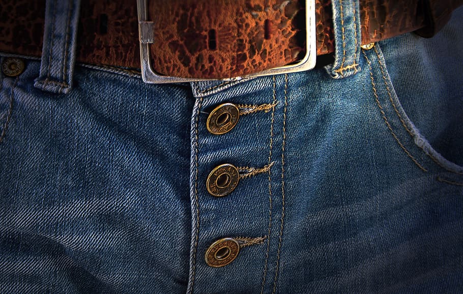 closeup, denim bottoms, brown, belt, belts, buckle, demin, jeans, buttons, brass