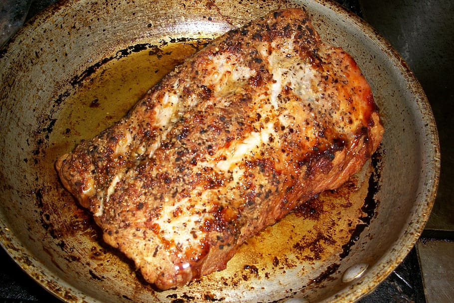 roast pork, pan, frying pan, pork, frying, roast, meal, roasted, dinner, cooked