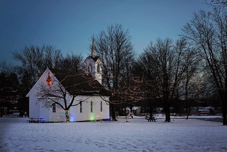 christmas church, church at night, holiday church, xmas town, christmas lights, landscape, tree, snow, cold temperature, winter