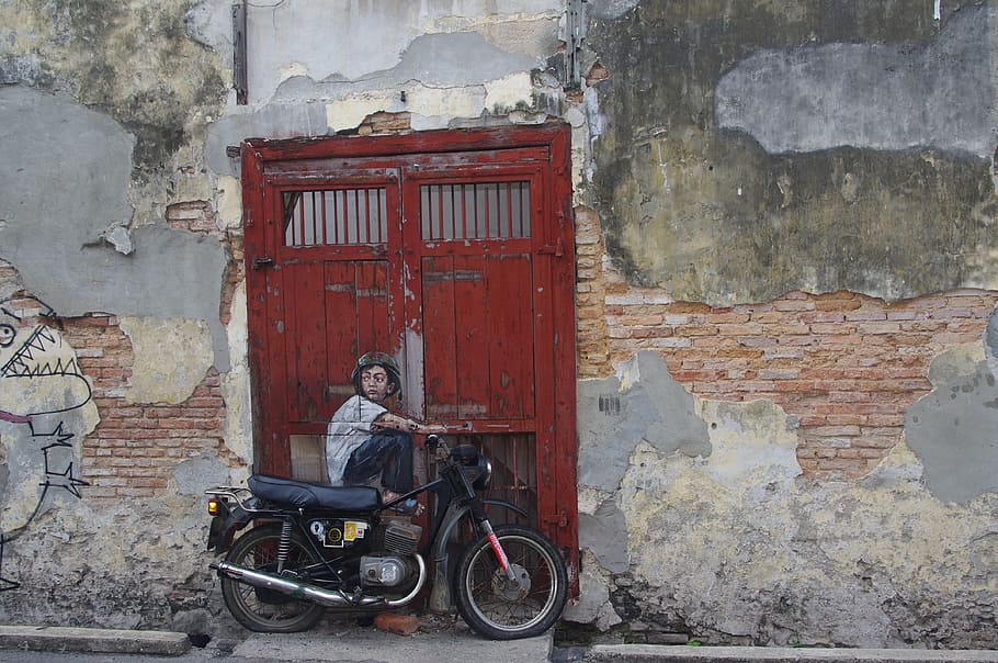 boy, riding, motorcycle, parked, door, street-art, penang, malaysia, asia, wall