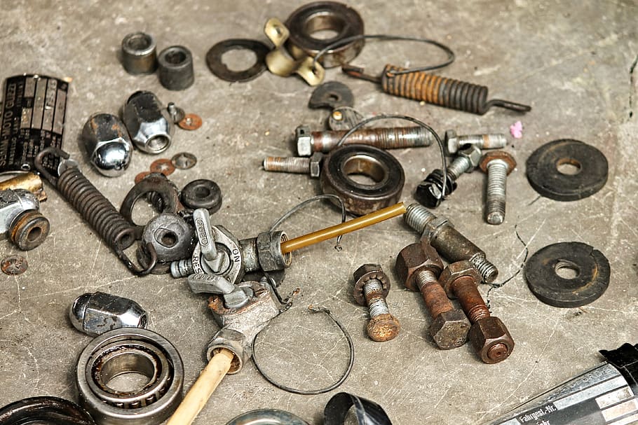 items, motorcycle, screw, nuts, seal, feather, valve, workshop, repair, tinker