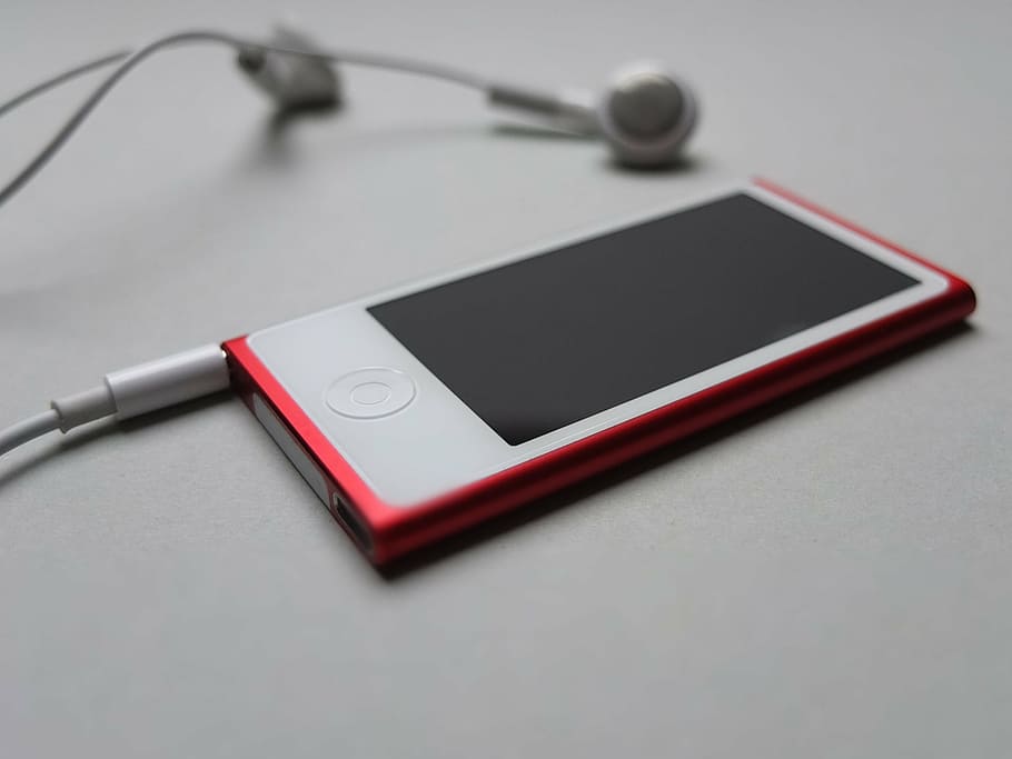 7th, gen, red, ipod nano, music, ipod, headphones, apple, nano, songs