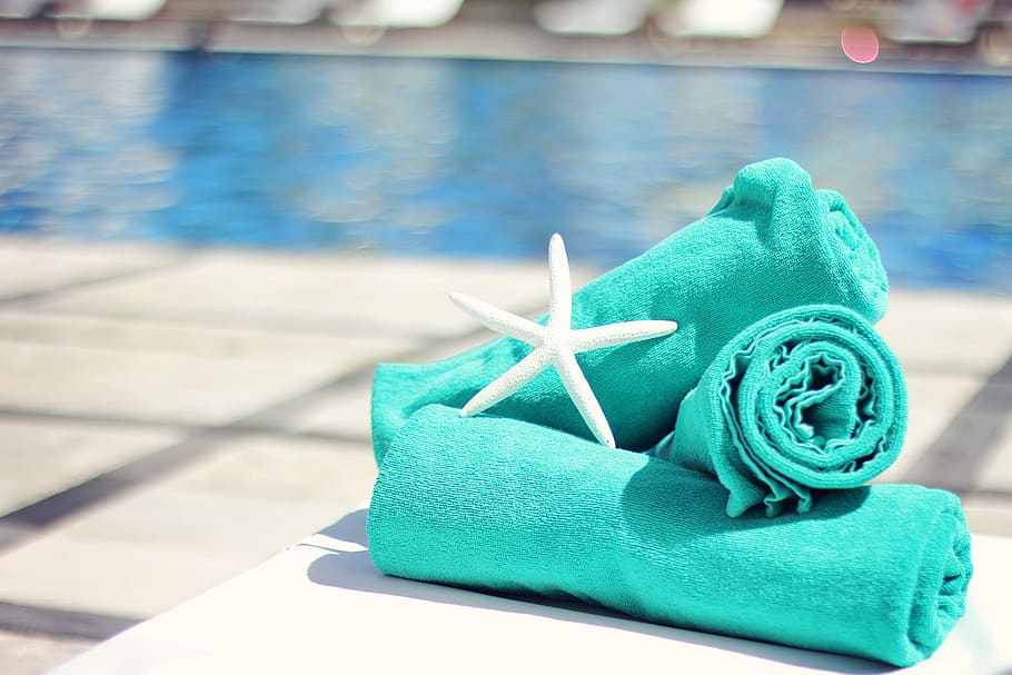 three, teal towels, white, star fish photo, teal, towels, star fish, towel, relaxation, blue