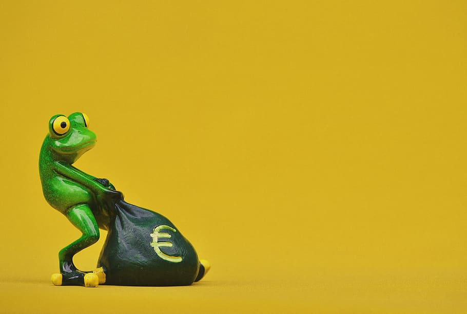 緑のカエルのイラスト, カエル, お金, ユーロ, バッグ, お金の袋, 面白い, かわいい, 楽しい, 図