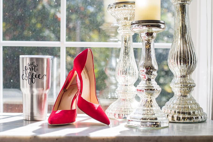 red, heels, shoes, table, fashion, footwear, female, glamour, woman, design