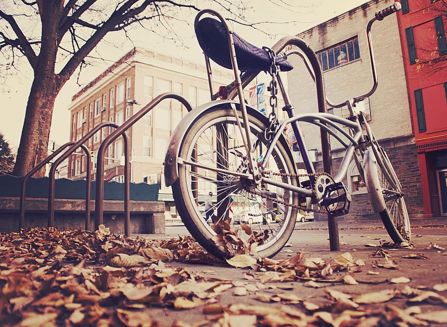 bike, bicycle, hanldebars, chain, leaves, pavement, concrete, railing, buildings, transportation