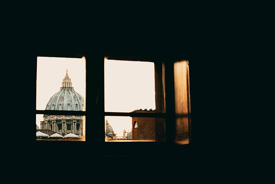 window, showing, dome building, daytime, dark, room, outside, view, church, architecture