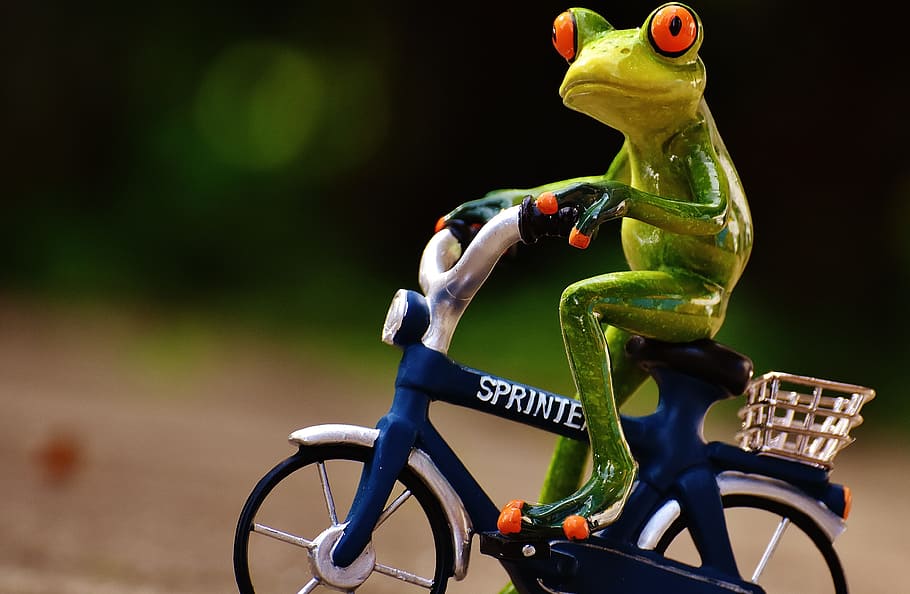 green, ceramic, frog, playing, bike figurine, closeup, photography, bike, figurine, closeup photography