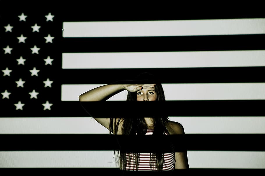 usa, flag, black and white, people, woman, girl, salute, indoors, close-up, transfer print