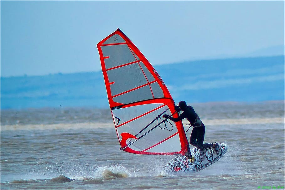windsurfing, water sports, wind, sea, cold, wet, surfboard, one person, water, sport