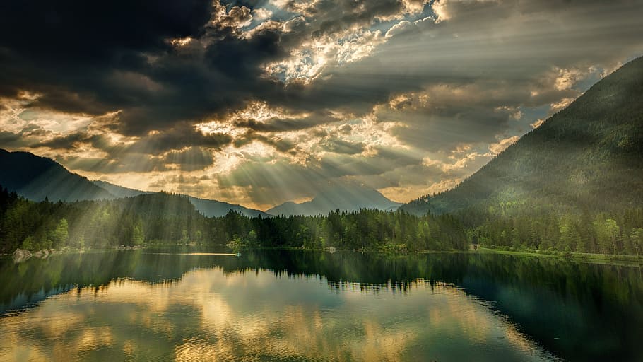 sunlight, clouds, lake, water, river, hill, mountain, nature, sunset, sunrise