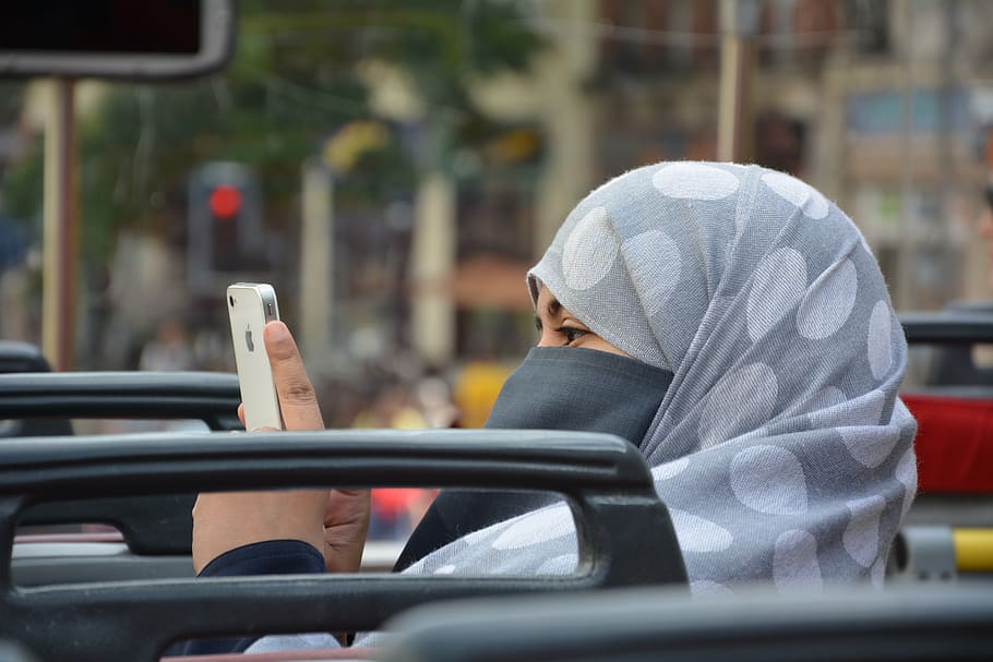 woman, wearing, gray, hijab headscarf, abdulrasheed, arabic, headwear, islamic, islam, phone