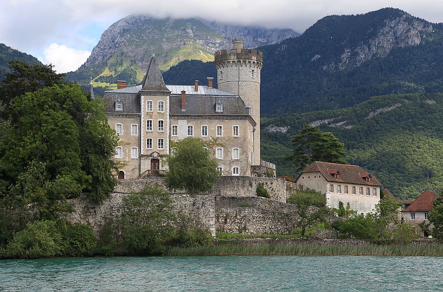annecy, lake, annecy lake, house, water's edge, castle, building, water, sky, river