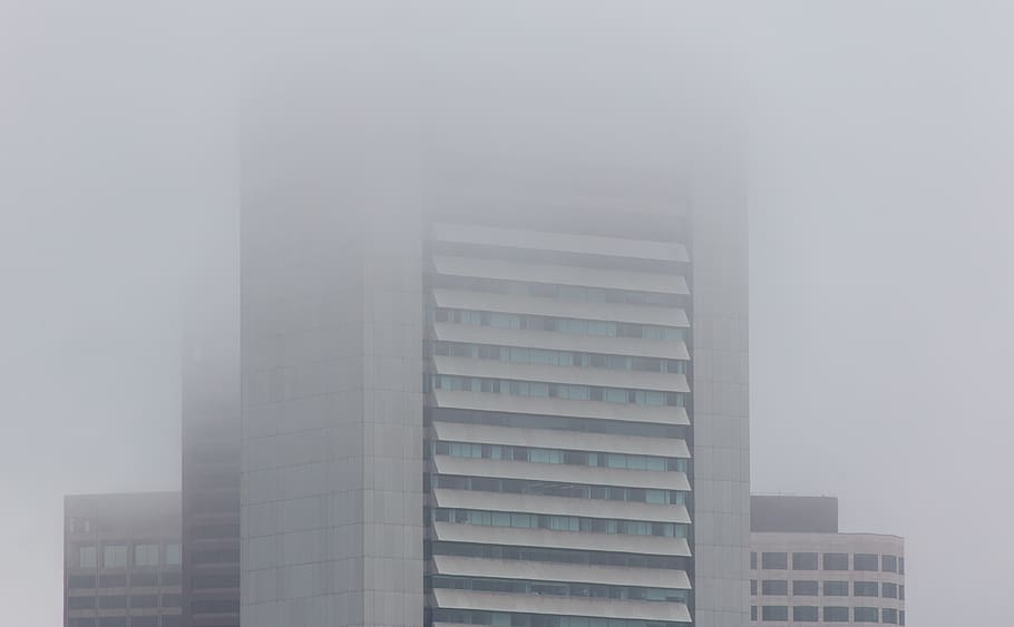 city, fog, buildings, mist, brick, tower, glass, moody, weather, climate