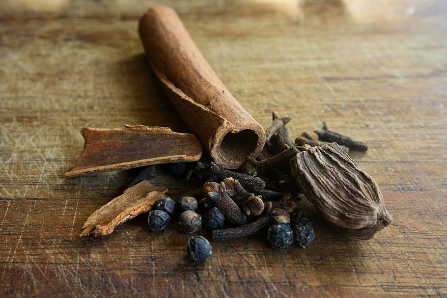 cinnamon, stick, pepper seeds, board, spices, india, exotic, food, masala, curry