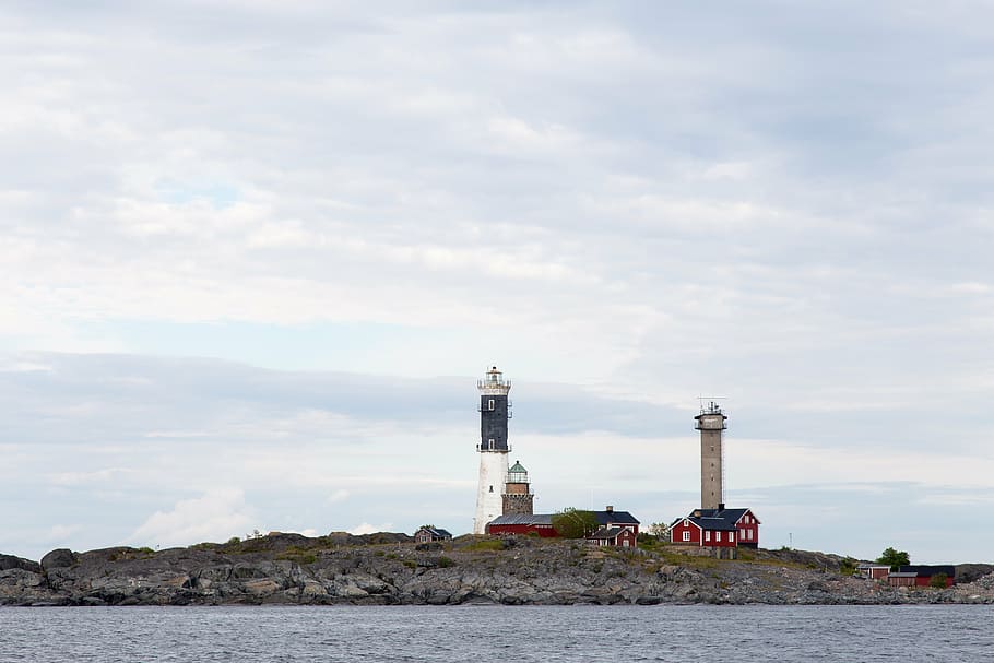 two, white, brown, lighthouse, blue, cloudy, skies, daytime, tower, near