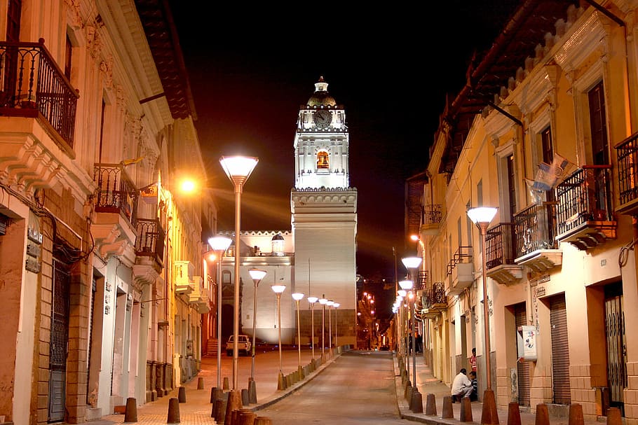 white, brown, concrete, building, night time, Ecuador, Church, Merced, quito ecuador, the merced