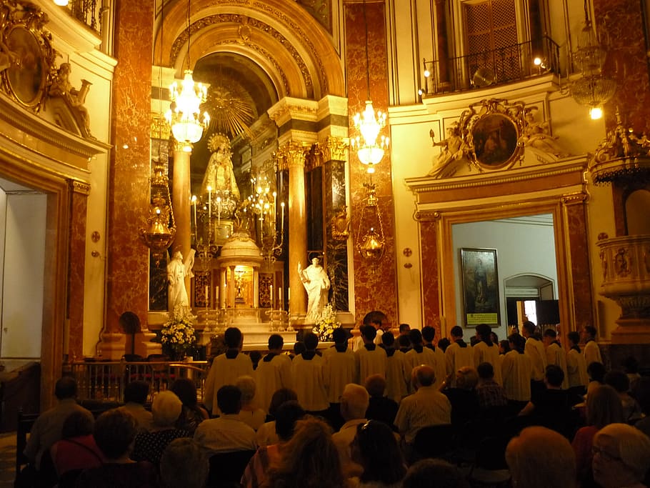 basilica, inside, gold mass, valencia, church, old, architecture, light, illuminated, crowd