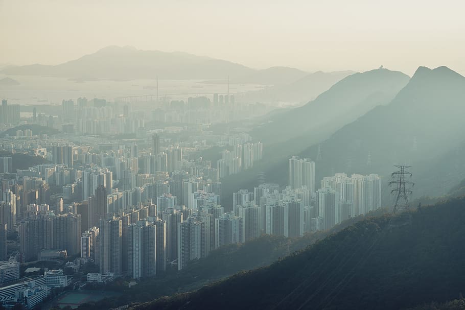 cidade, hong kong, edifícios, ocupado, centro da cidade, paisagem, aérea, panorâmica, vista, poluição atmosférica