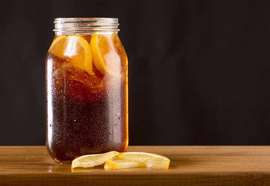 lemon slices, glass jar, tea, cold, ice, food and drink, food, jar, container, indoors