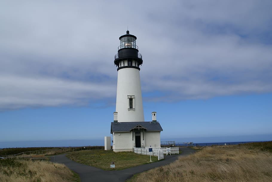 white painted lighthouse, lighthouse, oregon, coast, landscape, coastal, historical, safety, coastline, beacon
