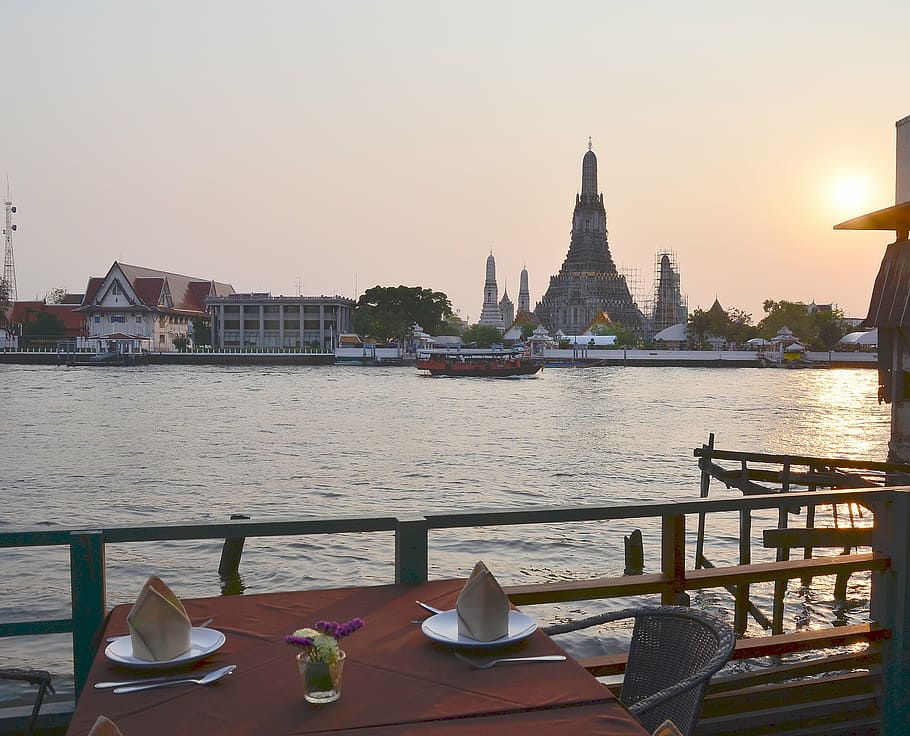 sunset, bangkok, temple of dawn, dinner, romantic, asia, thailand, buddhism, architecture, famous Place