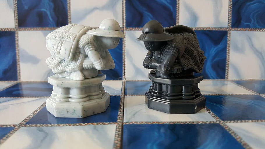 two, black, white, pawn chess pieces, chess, pawn, game, harry potter, indoors, textile