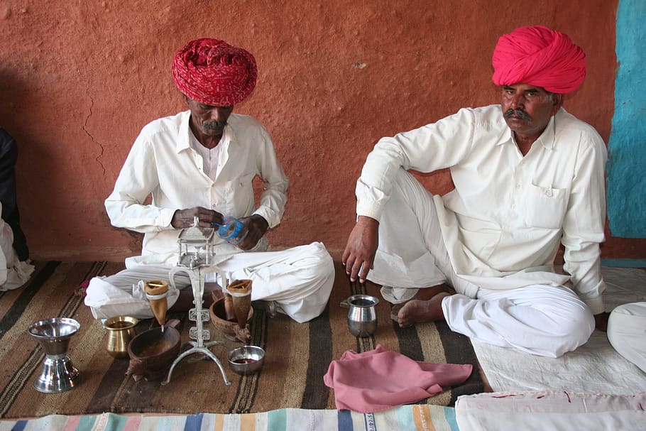 travel, rajasthan, india, men, turbans, opium, ceremony, adult, two people, occupation
