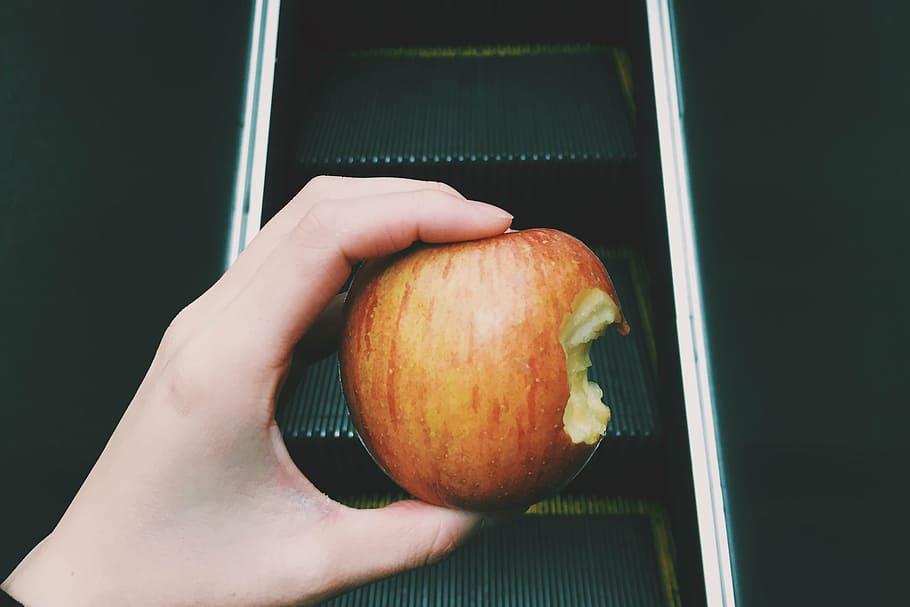 person, holding, apple, bite, escalator, fruit, food, juicy, hand, human Hand
