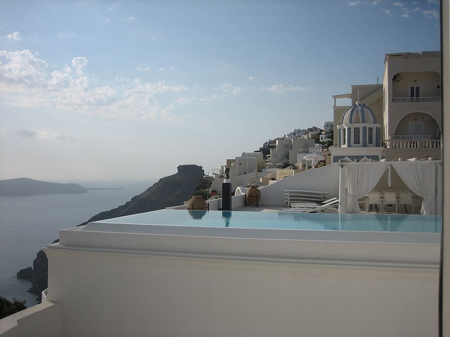 santorini, grécia, mar, romântico, vista para o mar, céu, piscina, hotel, hotel de luxo, resort