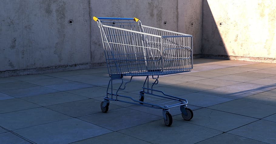 Shopping Cart, Dolly, dolly cart, shopping, contour, metallic, sun reflections, shadow, hall, concrete wall