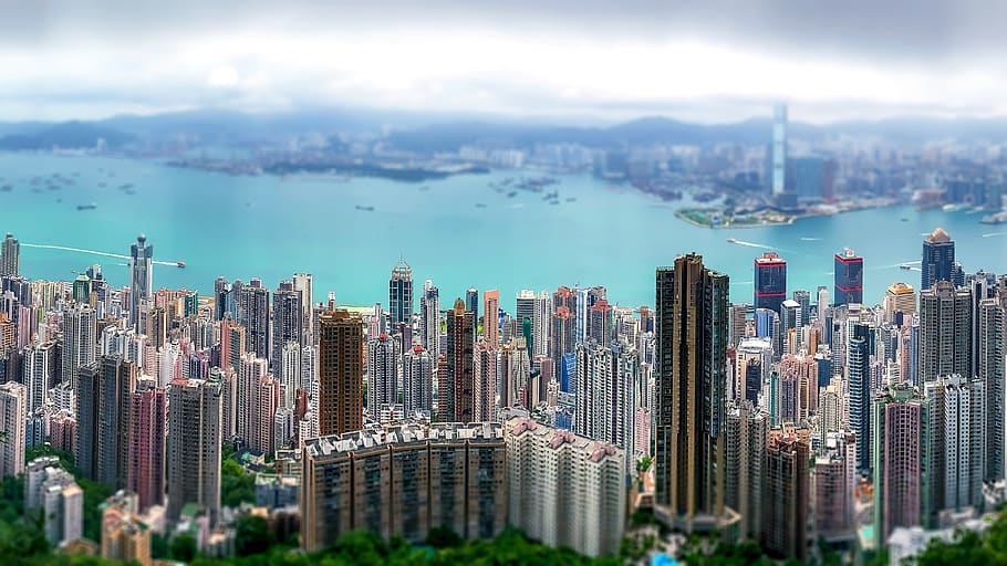 hongkong, kota, asia, perkotaan, kaki langit, bangunan, metropolis, pelabuhan, tiltshift, tamasya