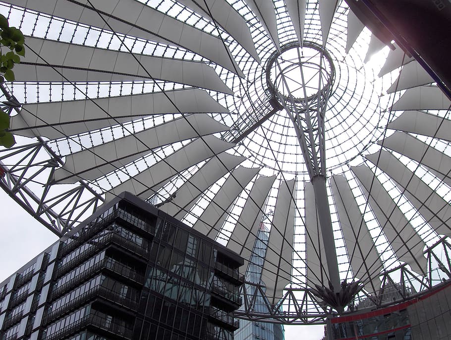 berlin, potsdam place, sony center, roof construction, architecture, built structure, low angle view, modern, glass - material, pattern