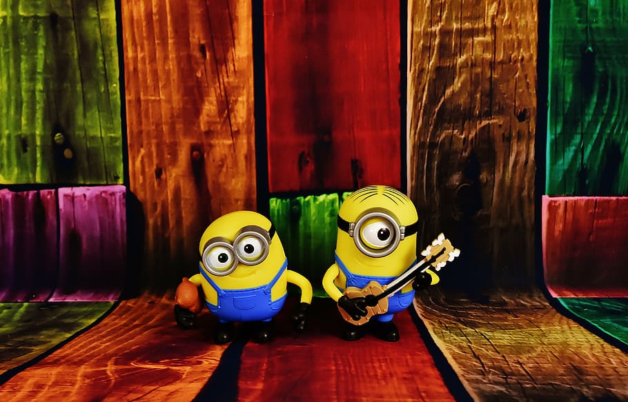 two, minion characters wallpaper, minions, figures, funny, fun, toys, children, yellow, cute