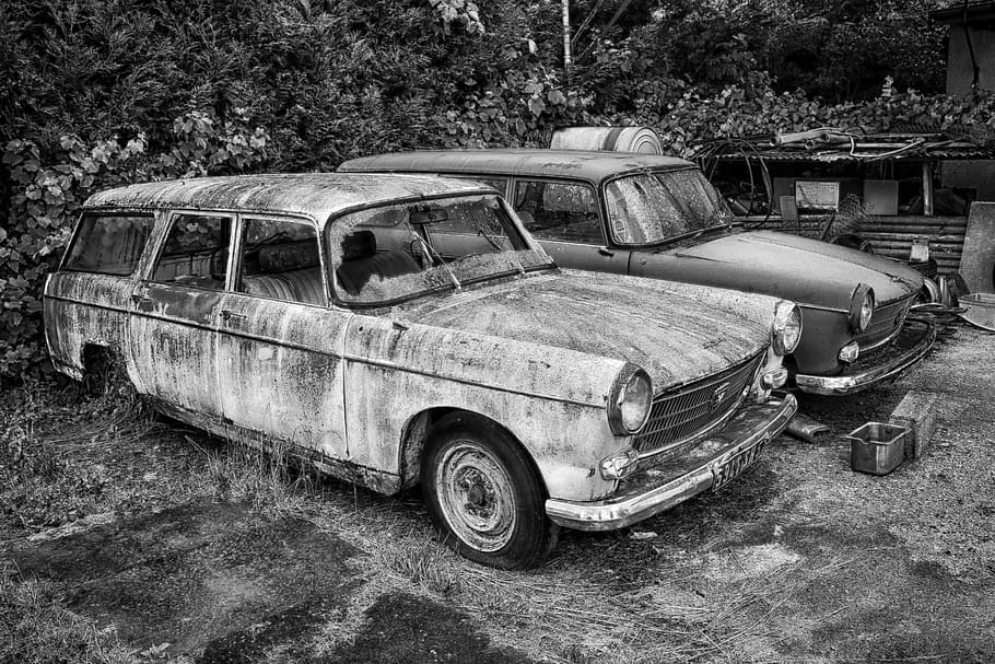 old, automobile, car, garage, urbex, bodywork, black-and-white, retro, vintage, vehicle