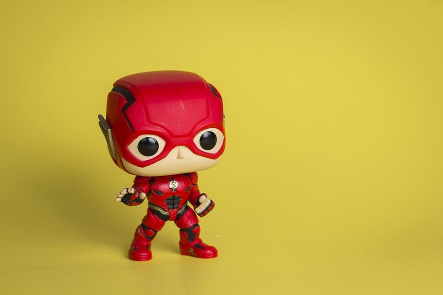 the flash, flash, marvel superhero, marvel figurine, red, yellow background, toy, childhood, fun, studio shot