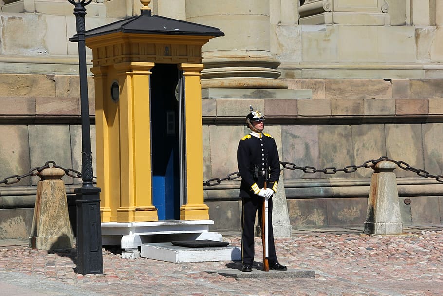 Penjaga, Stockholm, Istana Kerajaan, kolom arsitektur, dewasa, hanya satu pria, hanya pria, panjang penuh, satu orang, arsitektur
