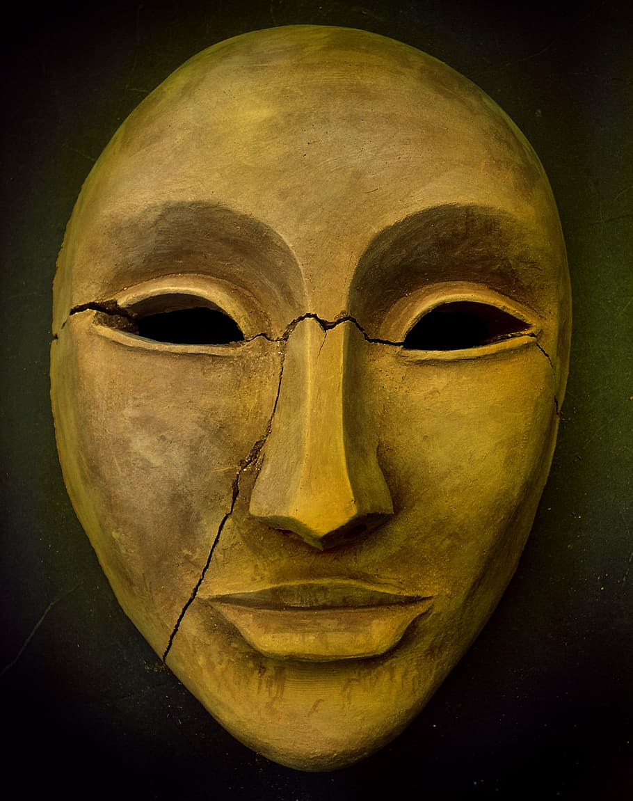 beige, face mask figurine, mask, ceramic, performing arts, human Face, human representation, art and craft, representation, indoors